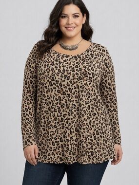 😍SHOW SPECIAL MAURICES Beige and Black Leopard Print Long Sleeve Tee 2X